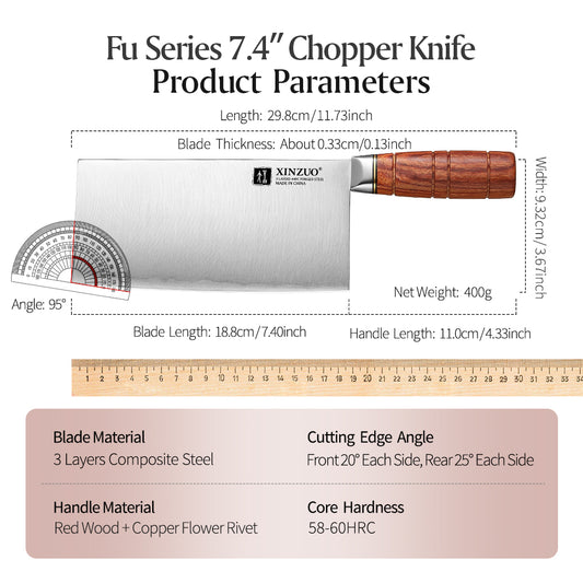XINZUO 7.5 Inches Meat and Bone Knife, 3-Layer Forged Steel with Red Sandalwood Handle & Copper Rivets, 58-60HRC - Multi-Purpose Chef's Cleaver
