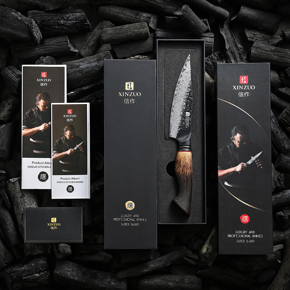 XINZUO 5.6 Inches 67 Layers Black Damascus Steel Kitchen Utility Knife with Burnt Oak Handle MO-Series