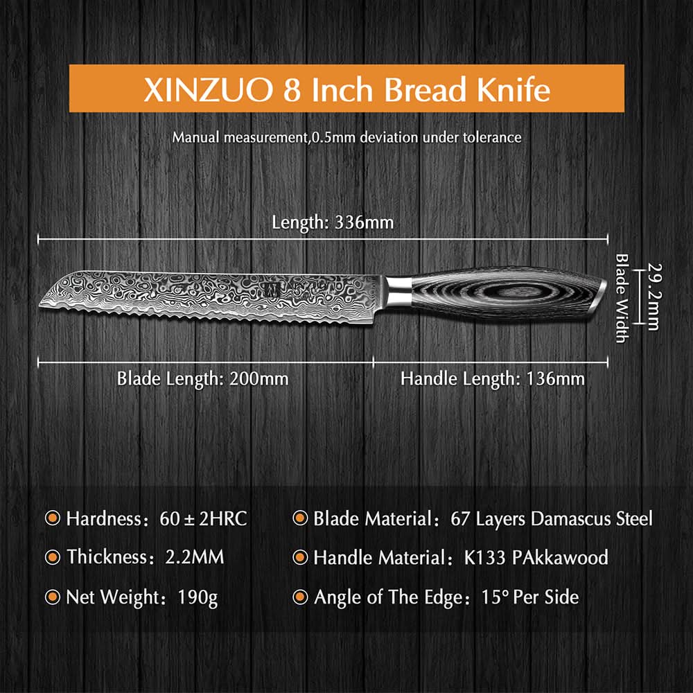 XINZUO 8 Inch 67 Layers Damascus Steel Bread Knife-Ya Series