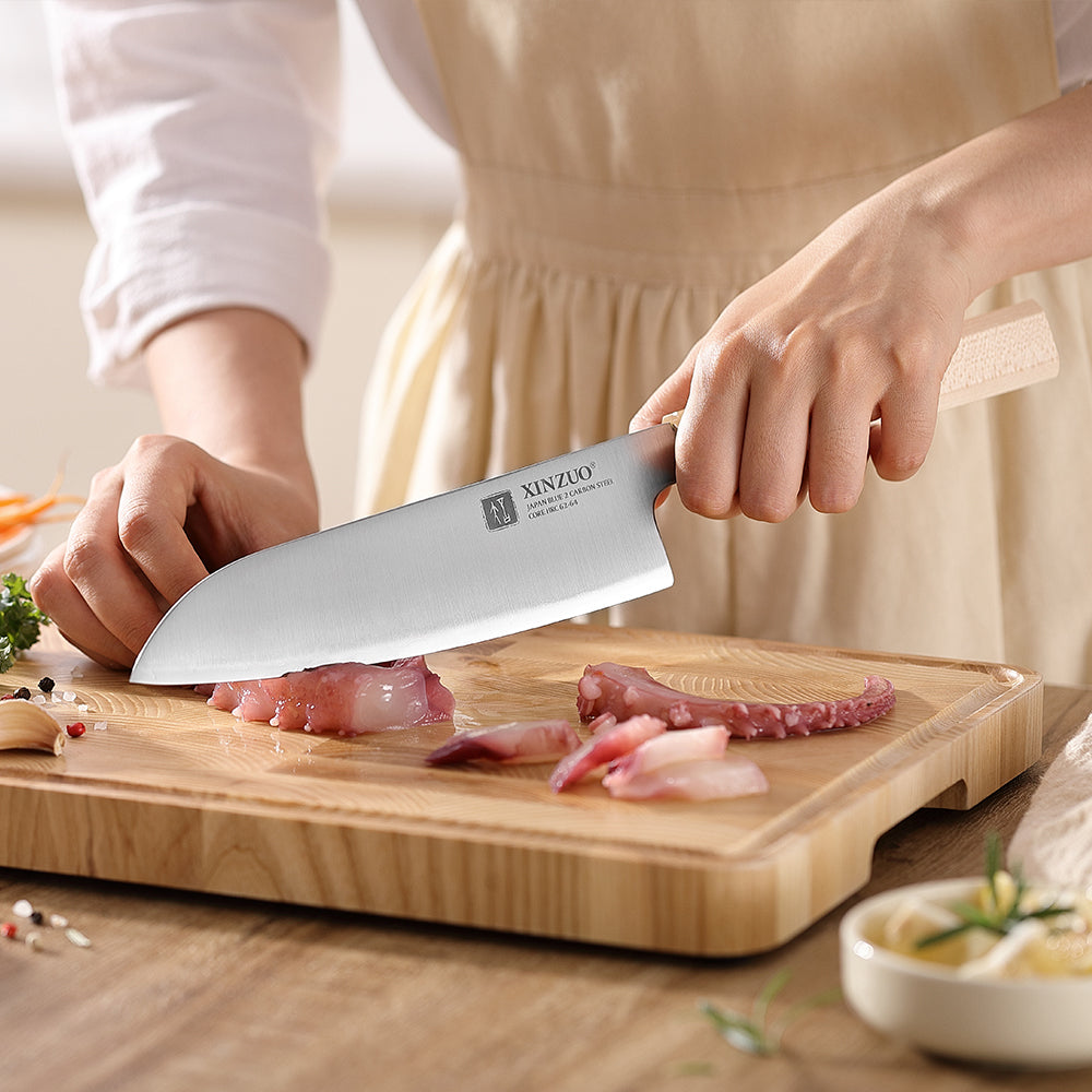 XINZUO 7.5 Inches Santoku Knife, Japanese Aogami #2 Steel, 62-64HRC, Ergonomic Octagonal Handle, Exquisite Gift-Ready Packaging
