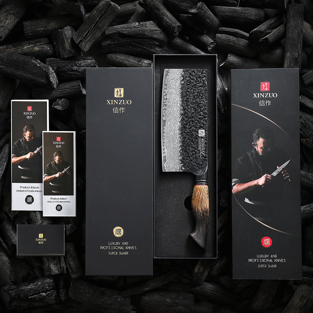 XINZUO 67 Layers Black Damascus Steel Meat Cleaver/Chinese Chef Knife with Burnt Oak Handle MO-Series