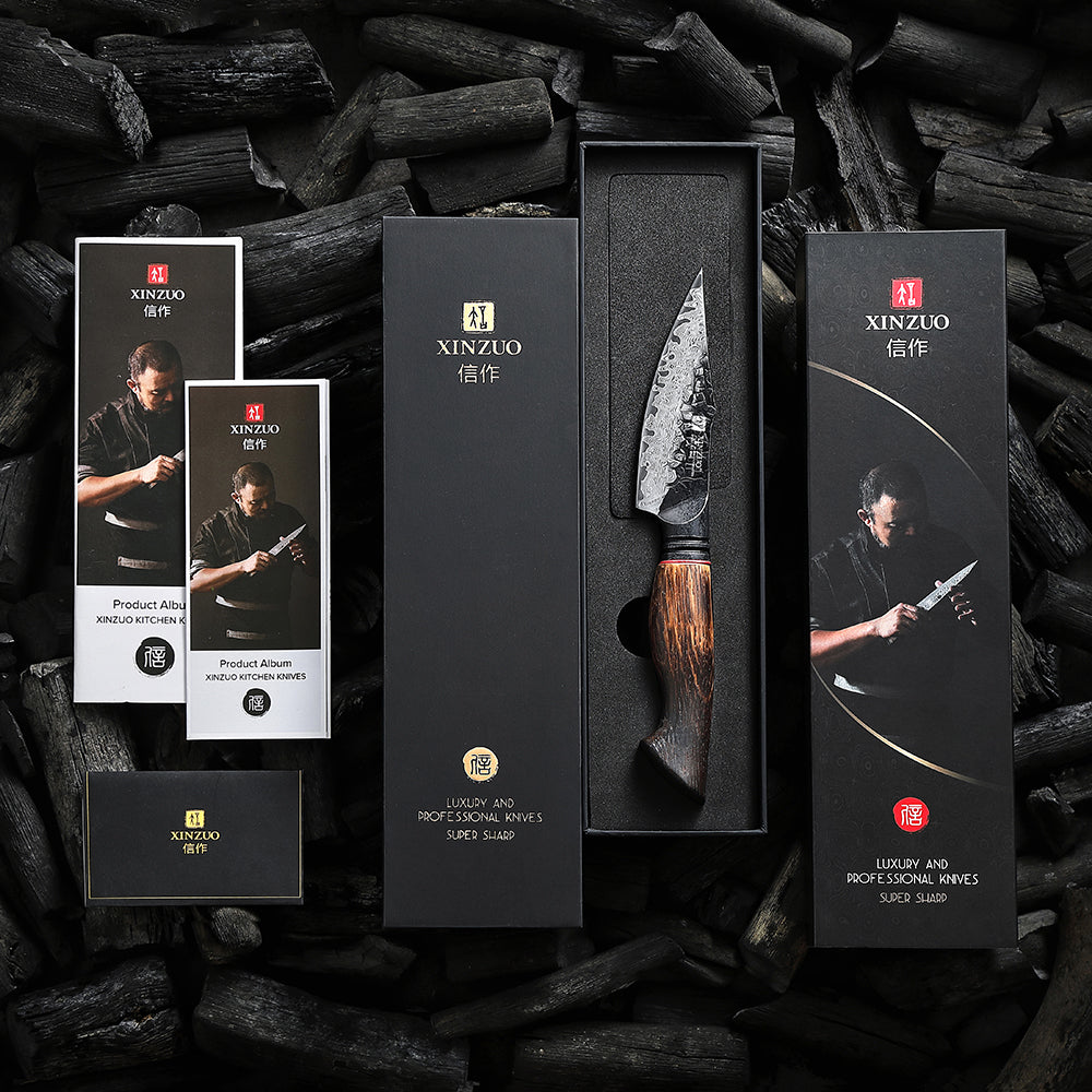 XINZUO 4 Inches 67 Layers Black Damascus Steel Paring Knife with Burnt Oak Handle MO-Series