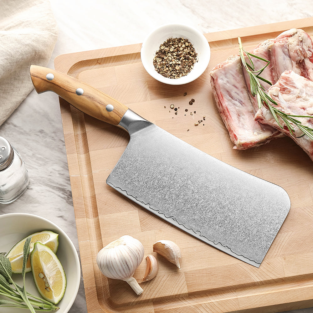 XINZUO Professional Chinese Bone Cleaver Knife - Triple-Layer Composited Steel with Olive Wood Handle, Razor Sharp & Ergonomic Design-PIN Series
