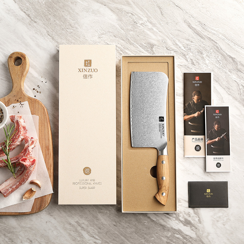 XINZUO Professional Chinese Bone Cleaver Knife - Triple-Layer Composited Steel with Olive Wood Handle, Razor Sharp & Ergonomic Design-PIN Series