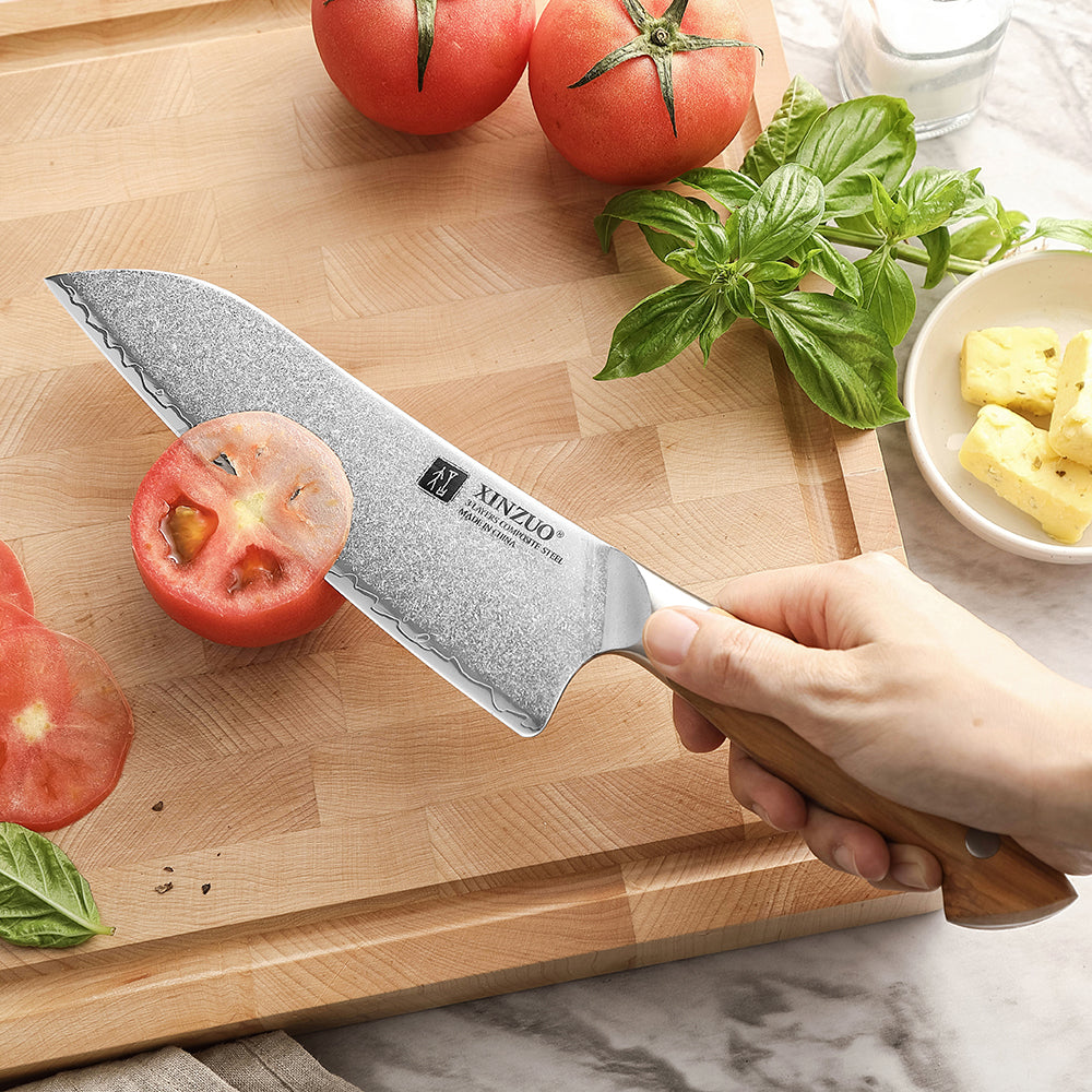 XINZUO Professional Santoku Knife - Triple-Layer Composited Steel with Olive Wood Handle, Razor Sharp & Ergonomic Design-PIN Series