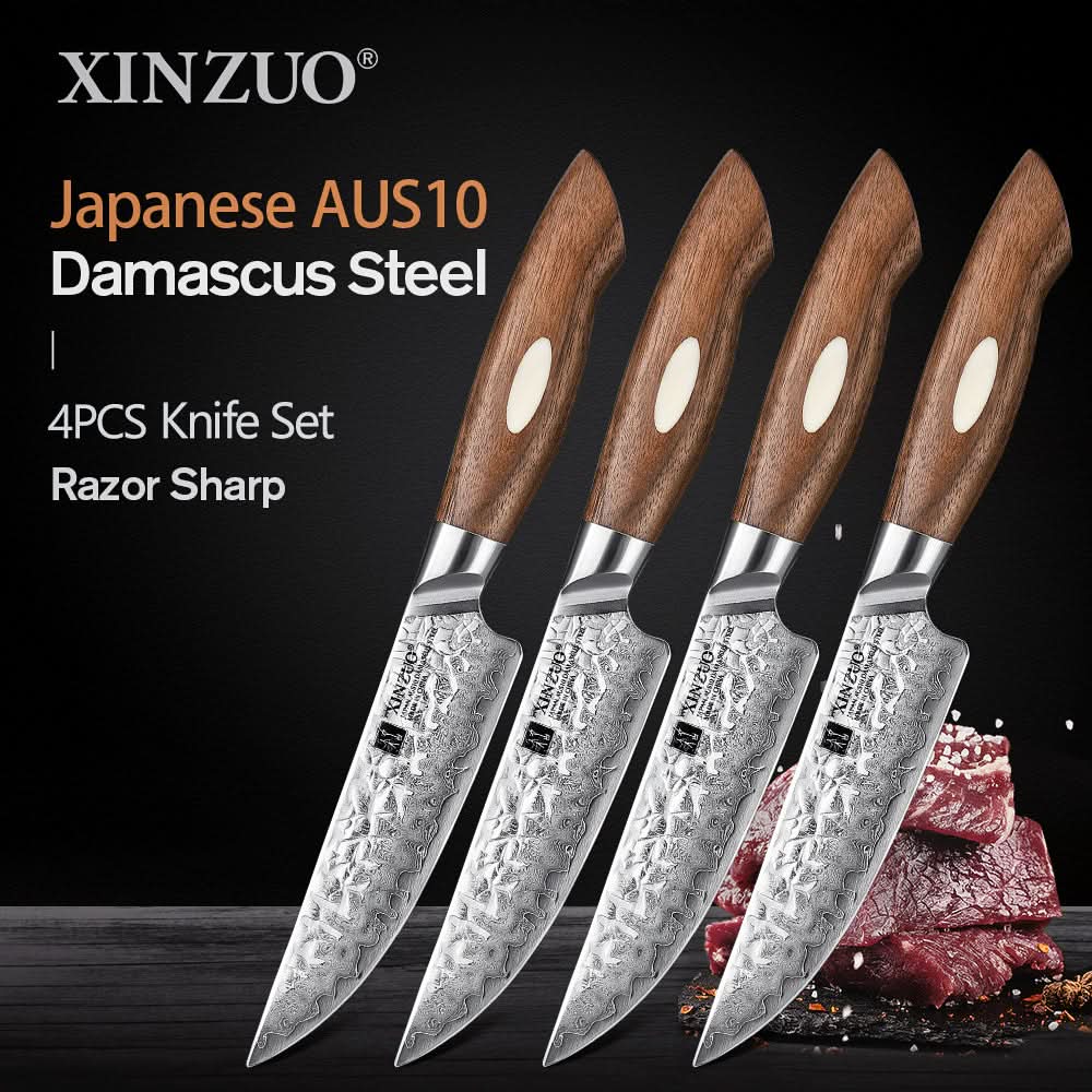 XINZUO 67 Layers Japanese AUS-10 Damascus Steel Steak Knife-Jiang Series 4PCS