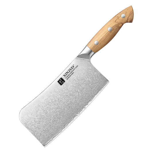 XINZUO Professional Chinese Bone Cleaver Knife - Triple-Layer Composited Steel with Olive Wood Handle, Razor Sharp & Ergonomic Design-PIN Series