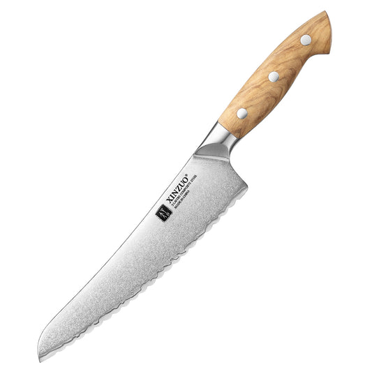 XINZUO Serrated Frozen Food Knife - Triple-Layer Composited Steel with Olive Wood Handle, Razor Sharp & Ergonomic Design-PIN Series