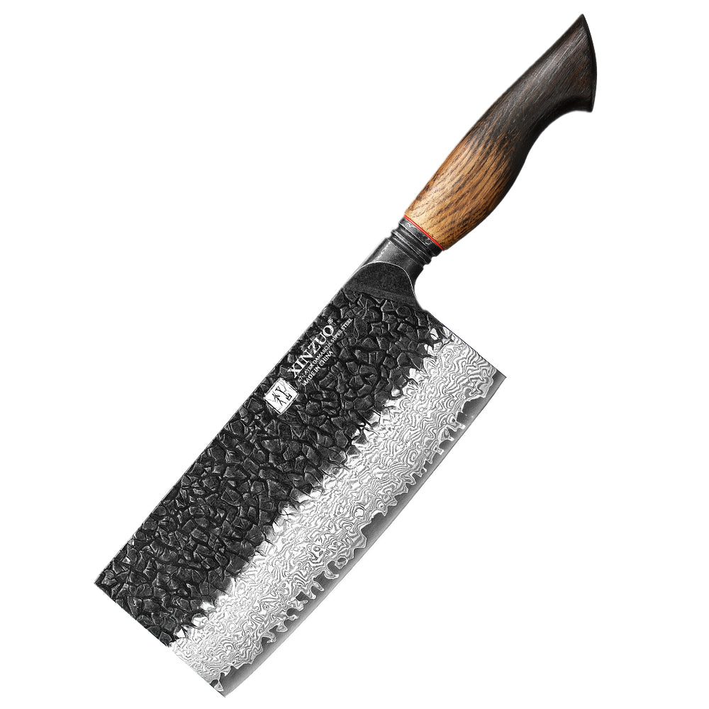 XINZUO 67 Layers Black Damascus Steel Meat Cleaver/Chinese Chef Knife with Burnt Oak Handle MO-Series