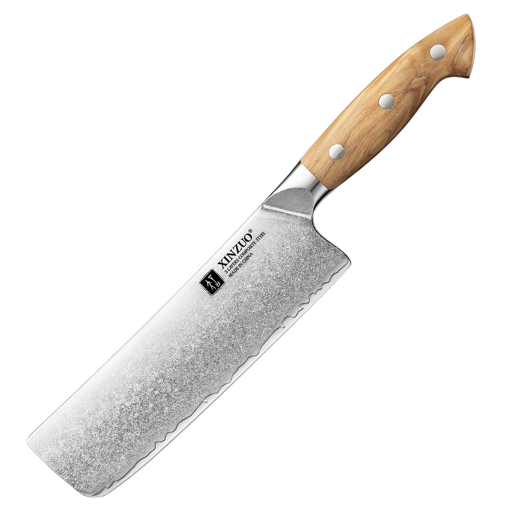 XINZUO Japanese Nakiri Knife - Triple-Layer Composited Steel with Olive Wood Handle, Razor Sharp & Ergonomic Design-PIN Series