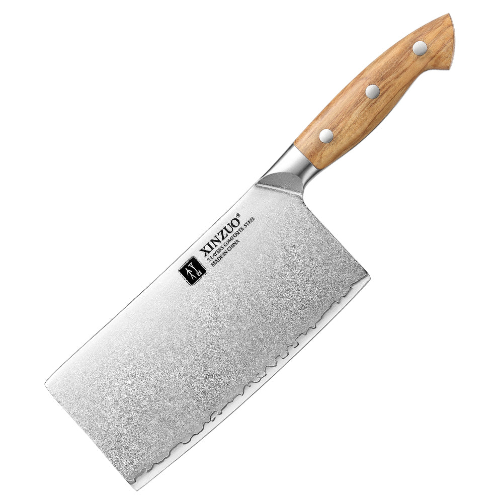 XINZUO Professional Chinese Meat Cleaver Knife - Triple-Layer Composited Steel with Olive Wood Handle, Razor Sharp & Ergonomic Design-PIN Series