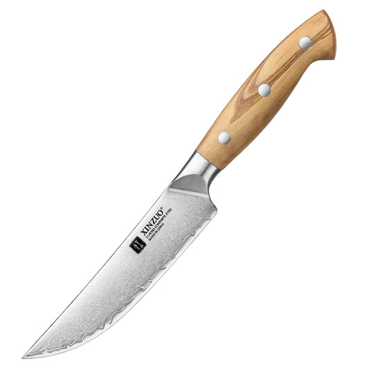 XINZUO Single Steak Knife - Triple-Layer Composited Steel with Olive Wood Handle, Razor Sharp & Ergonomic Design-PIN Series