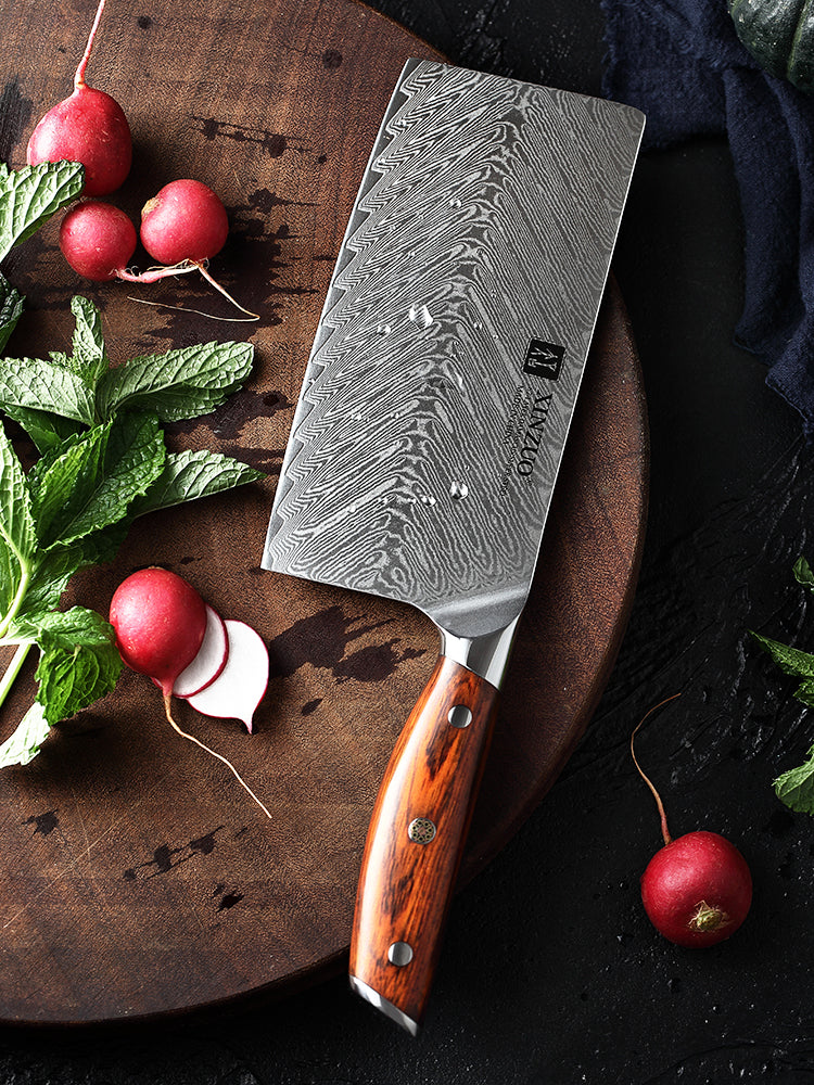 XINZUO Damascus Steel 7 inch Cleaver Knife, Professional Butcher Knife Sharp Chinese Chef Knife Chopping Knife Kitchen Knife Vegetable, Ergonomic