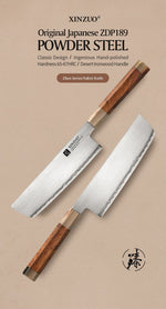 XINZUO Zhen XZ05 Series ZDP-189 Powder Steel Nakiri Knife 7.5 Inch, Made of Three-layer Composite Steel, Hardness Reaches 65-67HRC, Desert lronwood Octagonal HandIe