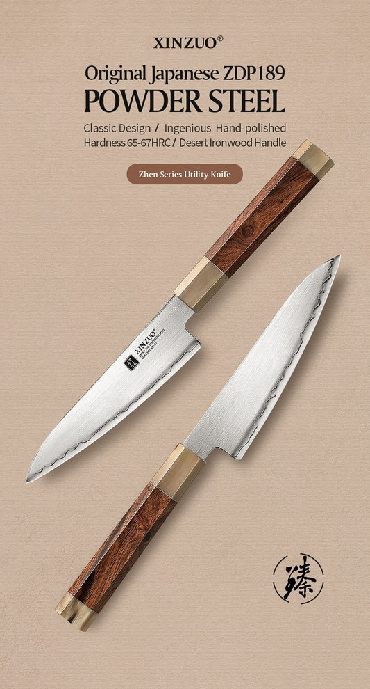 XINZUO Zhen XZ05 Series ZDP-189 Powder Utility Knife 5.5 Inch, Made of Three-layer Composite Steel, Hardness Reaches 65-67HRC, Desert lronwood Octagonal HandIe