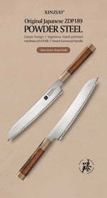 XINZUO Zhen XZ05 Series ZDP-189 Powder Steel Bread Knife 9 Inch, Made of Three-layer Composite Steel, Hardness Reaches 65-67HRC, Desert lronwood Octagonal HandIe