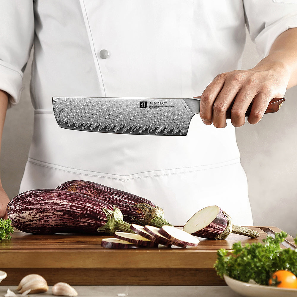 XINZUO Xing Series Professional 7.2”Nakiri Knife Damascus Steel Blade 14Cr14MoVNb Steel Core - Chopping Meat and Fruit