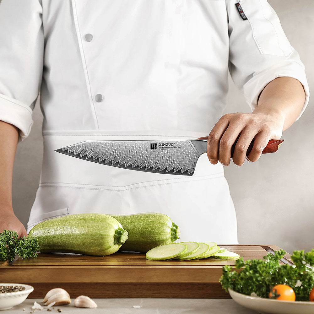 XINZUO Xing Series 73-Layer Damascus Steel 8.2”Bunka Knife – 14Cr14MoVNb Core, Rosewood & Brass Rivets Handle