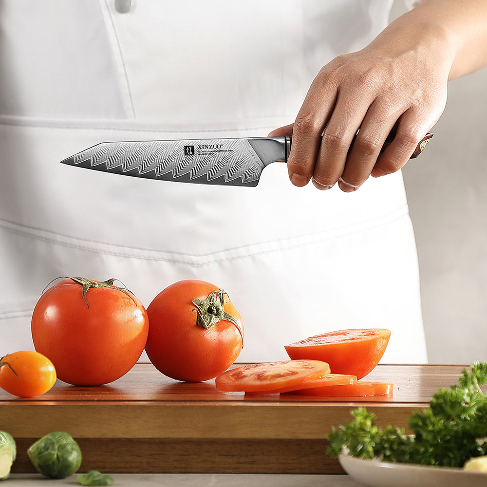 XINZUO Xing Series Hand-forged 5.1 Inches Utility Knife 73-Layer Pattern Damascus Steel - Ultra-Sharp Multi-Purpose Cooking Knife