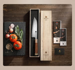 XINZUO Zhen XZ05 Series ZDP-189 Powder Steel Santoku Knife 7.5 Inch, Made of Three-layer Composite Steel, Hardness Reaches 65-67HRC, Desert lronwood Octagonal HandIe