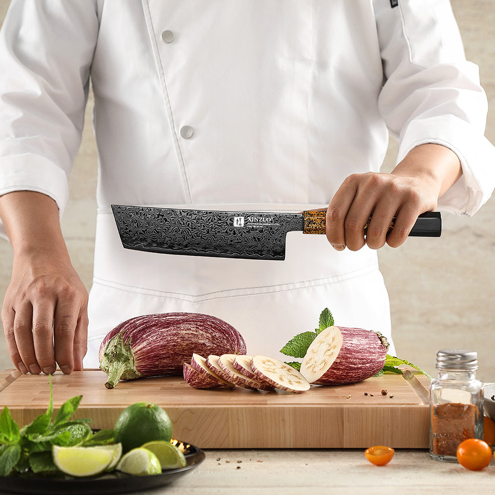 XINZUO 6.9”Nakiri Knife 49-Layer Damascus Kitchen Knife, ZDP-189 Steel Core DLC Coated Ultra Sharp Kitchen Knife