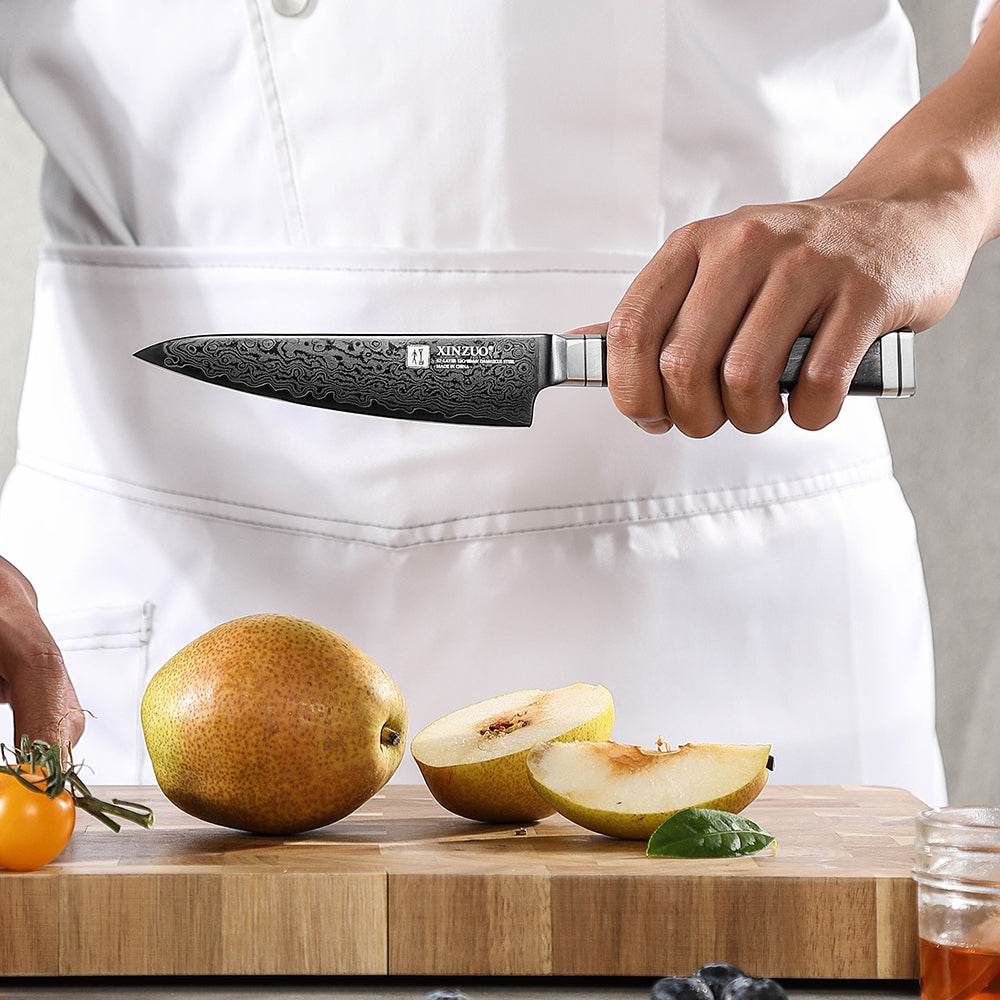 XINZUO Premium 5.3" Damascus Steel Utility Knife - 67 Layers Damascus Steel, 60±2 HRC, Black Titanium Plated, Full Tang, Professional Kitchen Knife