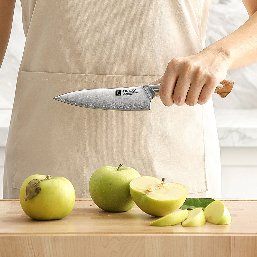 XINZUO 5.3 Inches Kitchen Utility Knife - Triple-Layer Composited Steel with Olive Wood Handle, Razor Sharp & Ergonomic Design-PIN Series