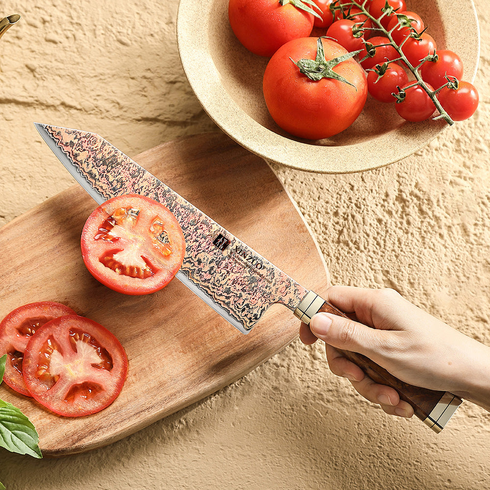 XINZUO 8.3 Inches Kiritsuke Chef Knife, 53-Layer Tri-Color Copper Damascus Steel,Rosewood Handle,Acacia Wooden Gift Box Packing