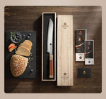 XINZUO Zhen XZ05 Series ZDP-189 Powder Steel Bread Knife 9 Inch, Made of Three-layer Composite Steel, Hardness Reaches 65-67HRC, Desert lronwood Octagonal HandIe