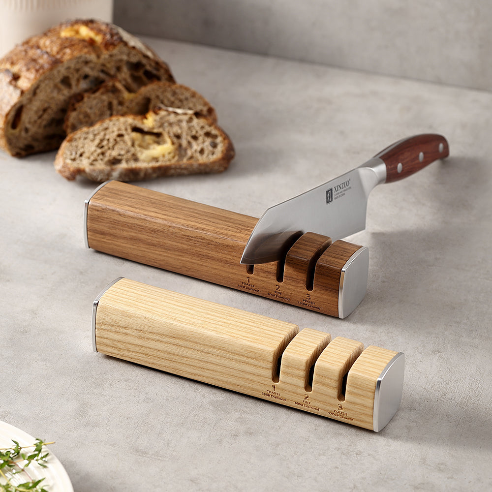 XINZUO 1PC 3-in-1 Knife Sharpener Diamond & Ceramic System Ash Wood & Walnut Wood Option，Scientific and Efficient Sharpening