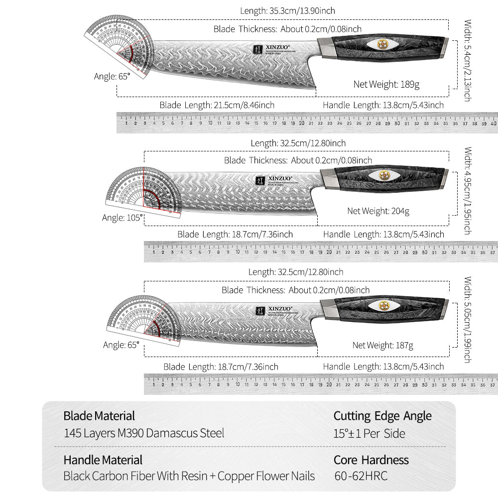 XINZUO 7PCS Knife Set 145-Layer M390 Damascus Steel Kitchen Knife – 60-62HRC Hardness, Black Carbon Fiber Handle
