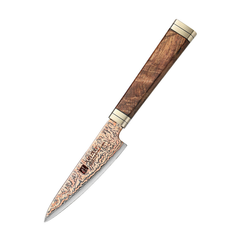 XINZUO 4 Inches Paring Knife, 53-Layer Tri-Color Copper Damascus Steel,Rosewood Handle,Acacia Wooden Gift Box Packing