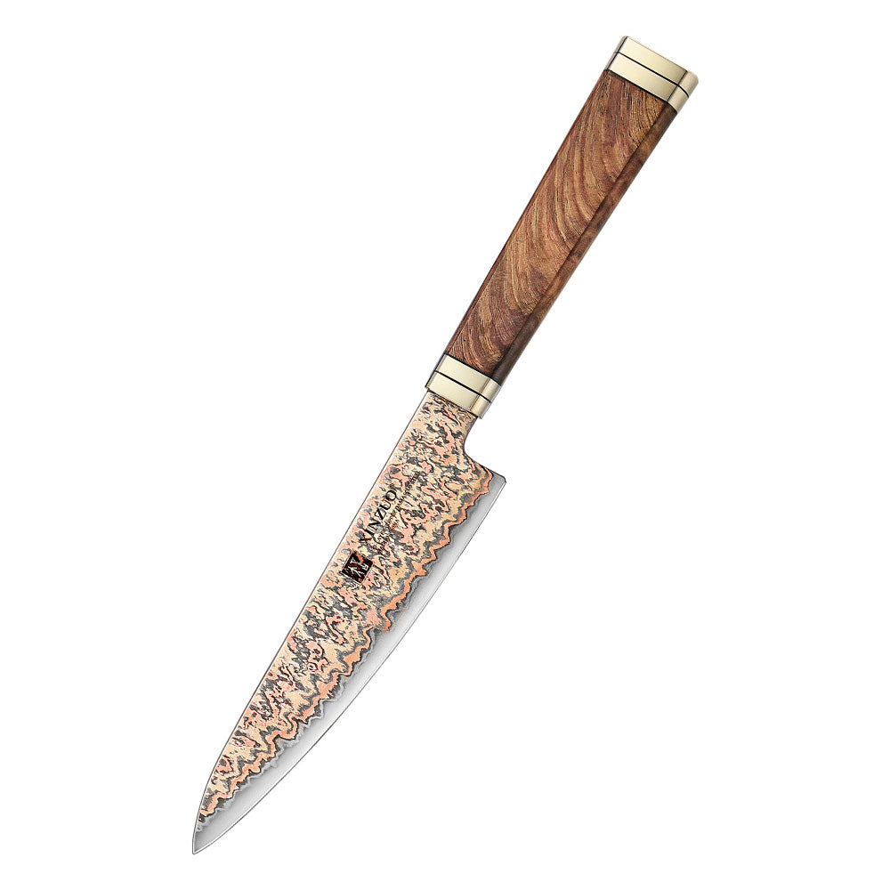XINZUO 5.3 Inches Kitchen Utility Knife, 53-Layer Tri-Color Copper Damascus Steel,Rosewood Handle,Acacia Wooden Gift Box Packing