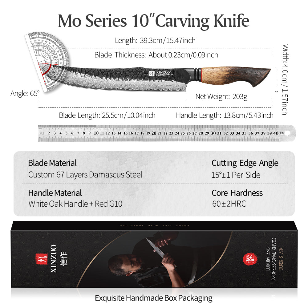 XINZUO 10 Inch Carving Knife 67 Layers Damascus Steel with Burnt Oak Handle - Precision Slicing Knife for Meat, Poultry & Roasts