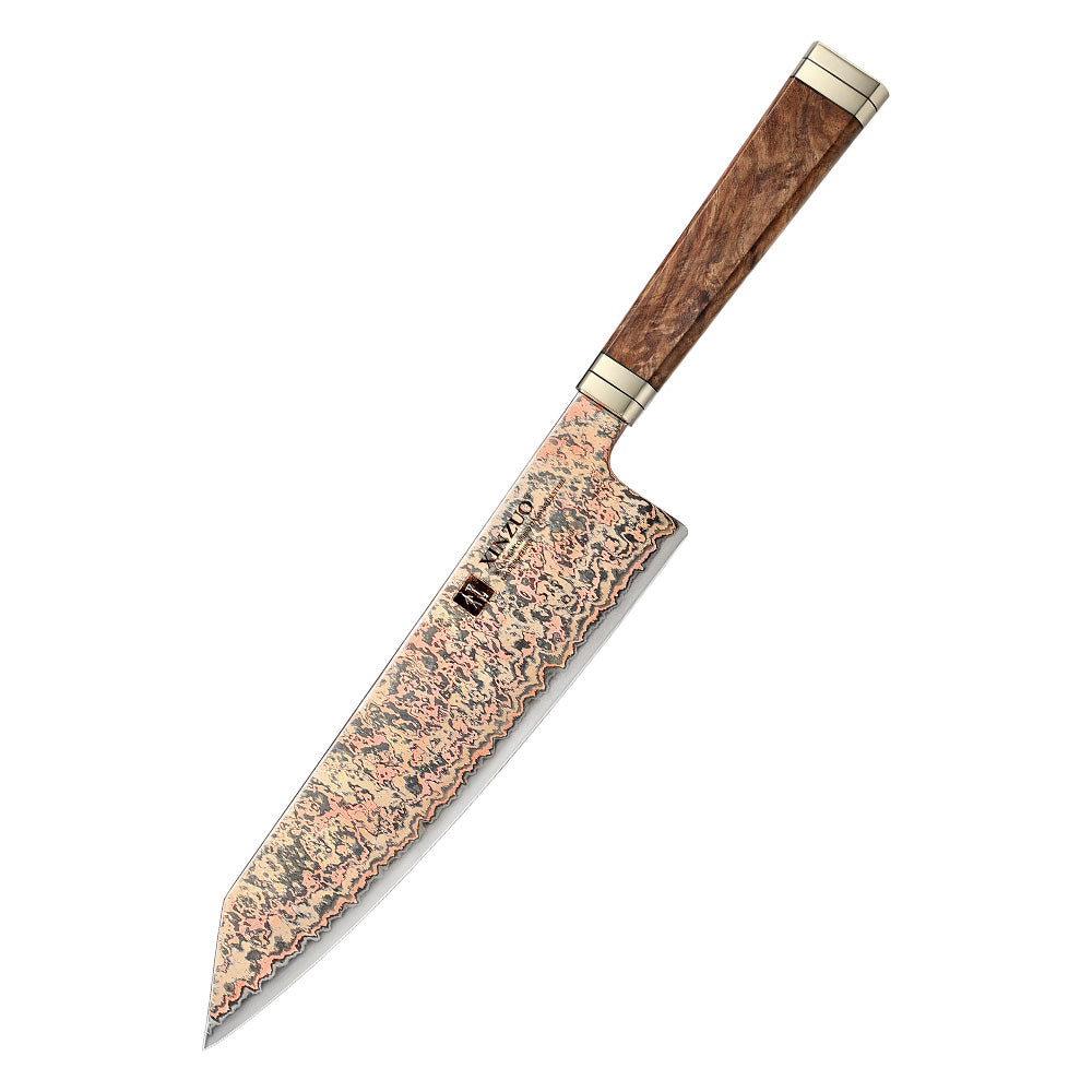 XINZUO 8.3 Inches Kiritsuke Chef Knife, 53-Layer Tri-Color Copper Damascus Steel,Rosewood Handle,Acacia Wooden Gift Box Packing