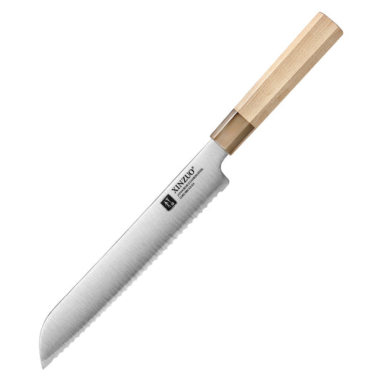 XINZUO 8.7 Inches Bread Knife 3 Layers Composite Steel,Aogami No.2 Carbon Steel Core,Maple Wood & White Buffalo Horn Octagonal Handle