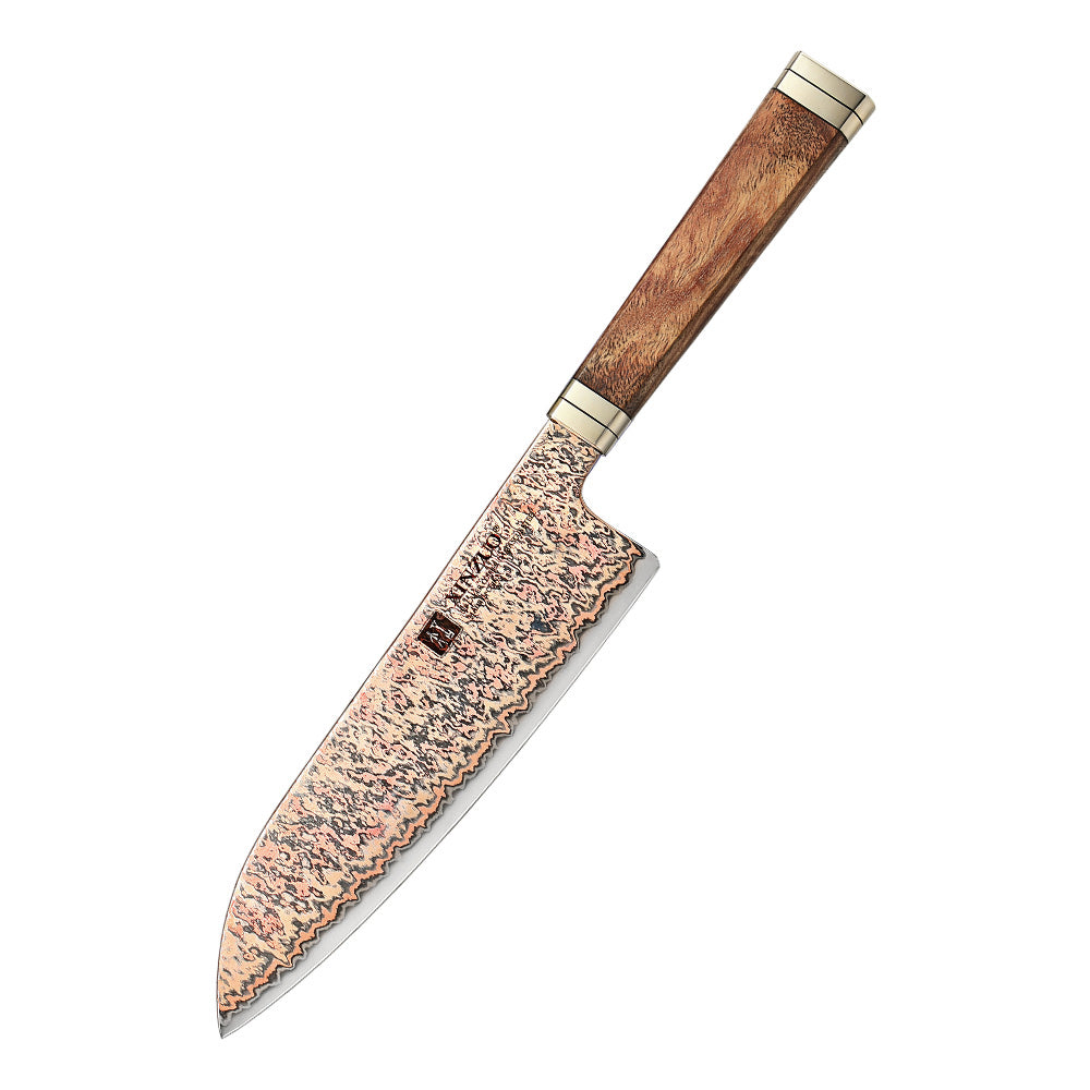 XINZUO 7 Inches Santoku Knife, 53-Layer Tri-Color Copper Damascus Steel,Rosewood Handle,Acacia Wooden Gift Box Packing