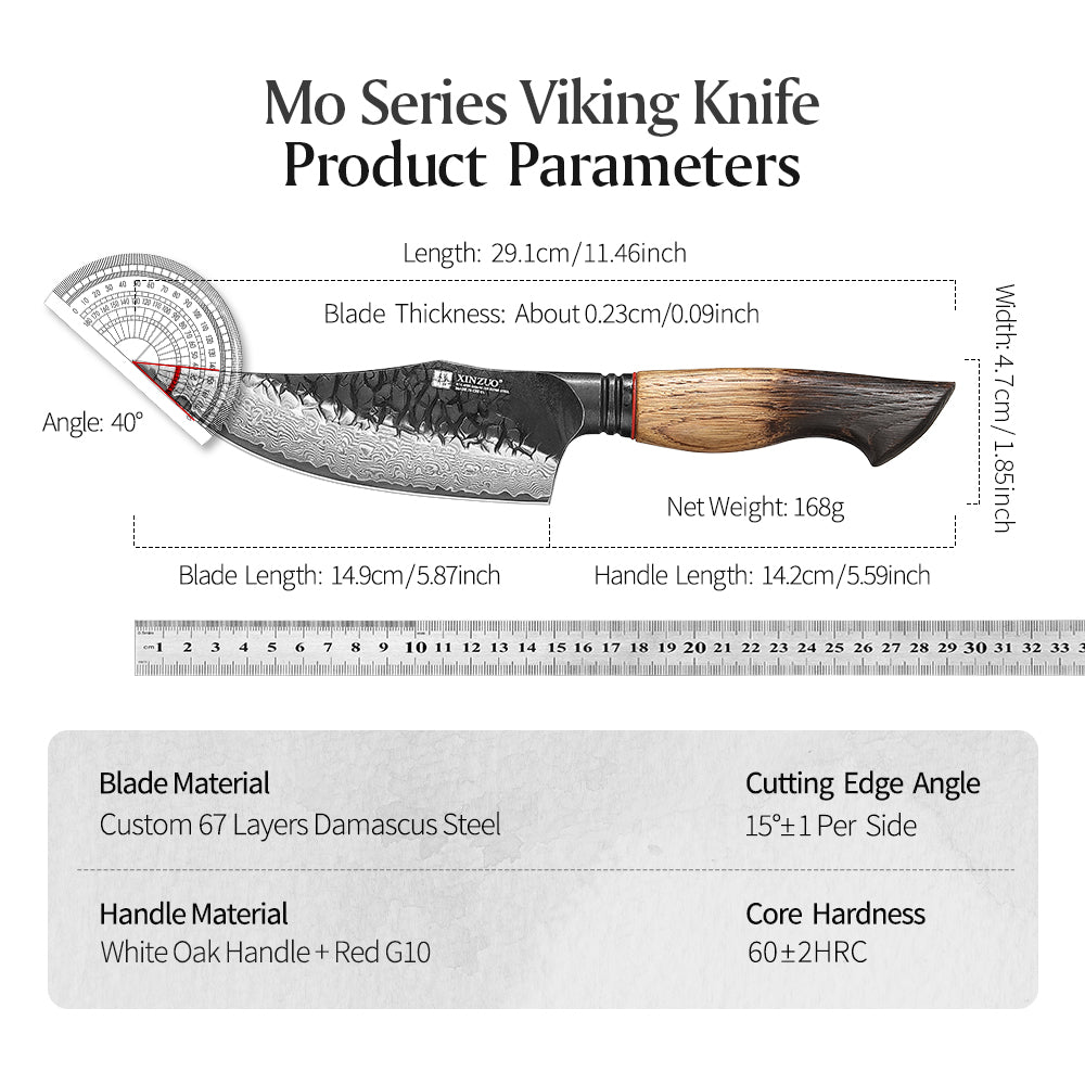 XINZUO 5.9 Inch Viking Knife 67 Layers Damascus Steel with Burnt Oak Handle – Norse-Inspired Tactical & Outdoor Utility Knife