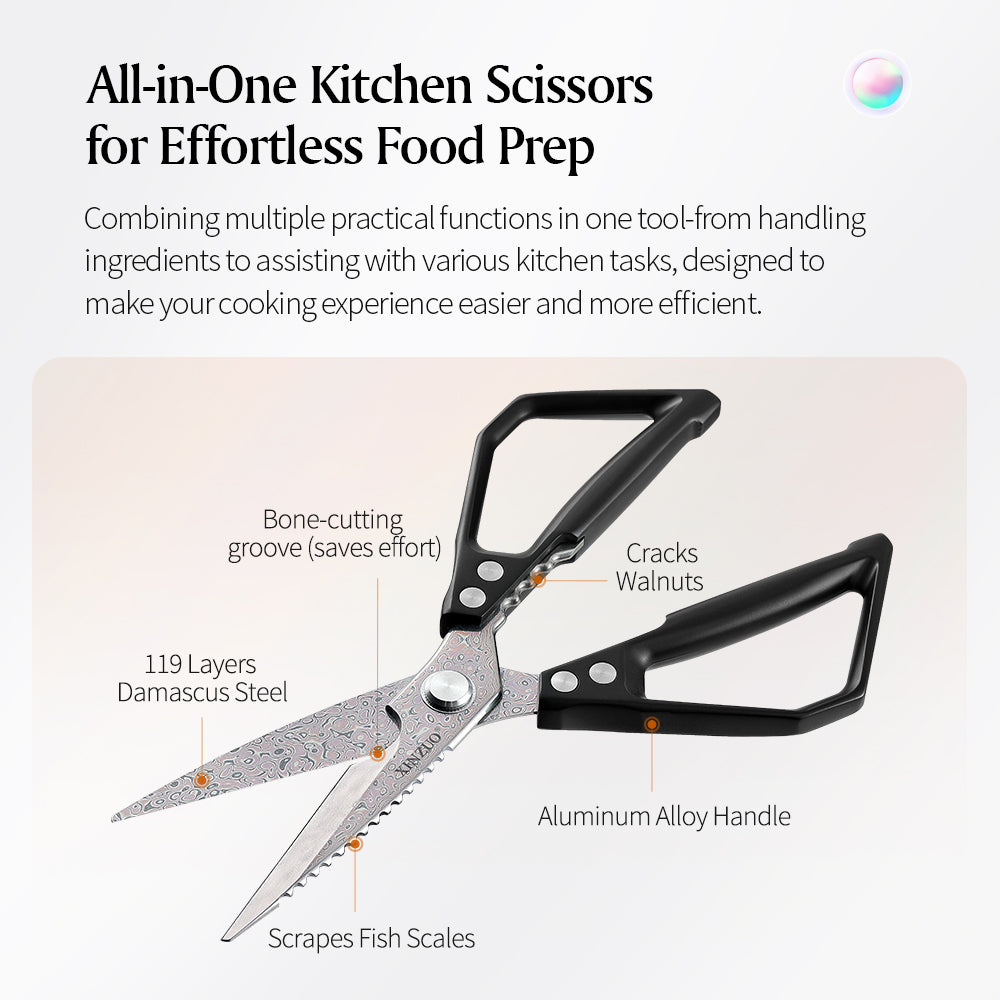 XINZUO Multi-Functional Kitchen Scissors 119 Layers Damascus Steel Iridescent Finish-Effort-saving Design