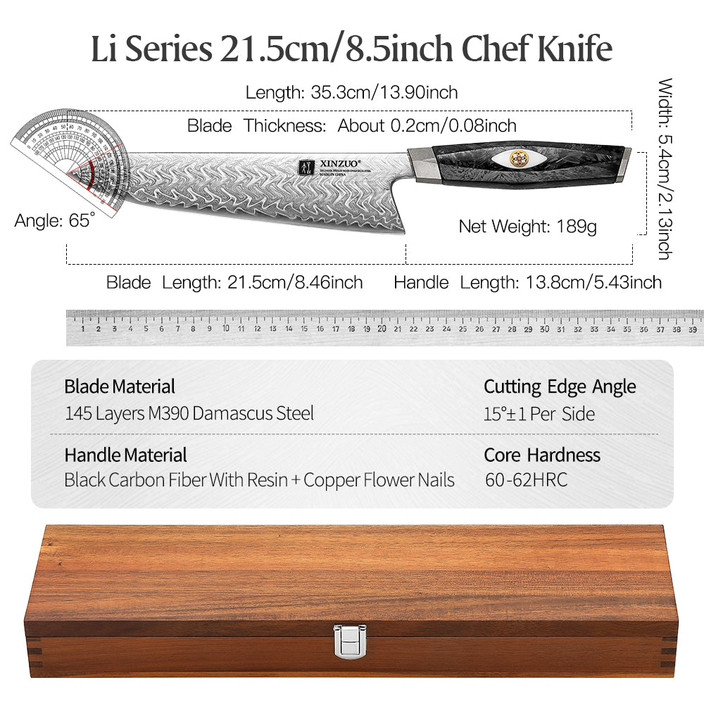 XINZUO Professional Chef Knife - Böhler M390 Powder Core, Water Wave Damascus Pattern, Comfort Grip Handle for Home & Restaurant Use