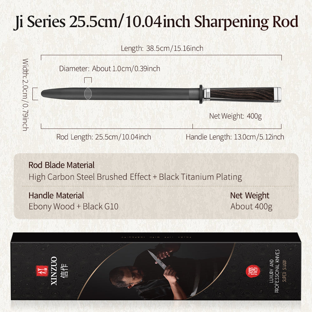 XINZUO Ji Series Premium Kitchen Sharpening Rod, Ergonomic Ebony Handle for Fast Blade Sharpening & Repair