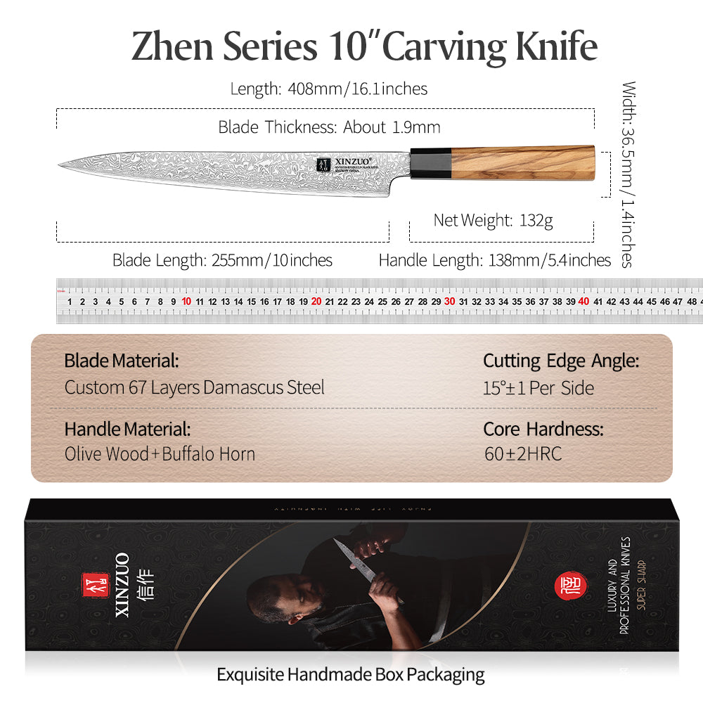 XINZUO 10 Inch Carving Knife, Custom 67‑Layer Damascus Steel Slicing Knife,15°±1 Per Side Sharp Edge, Premium Olive Wood & Buffalo Horn Handle