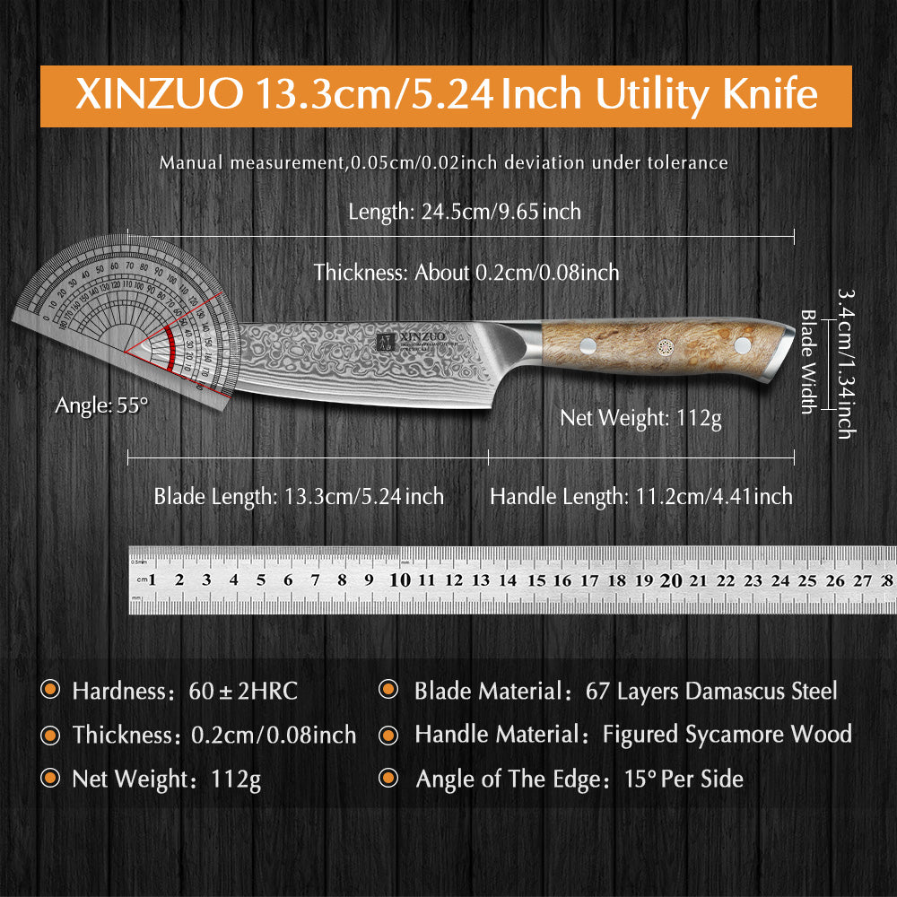 XINZUO Customized 5.2'' Inch Utility Knife 67-Layer Damascus Steel With Figured Sycamore Wood Handle Perfect Gift For Cooks