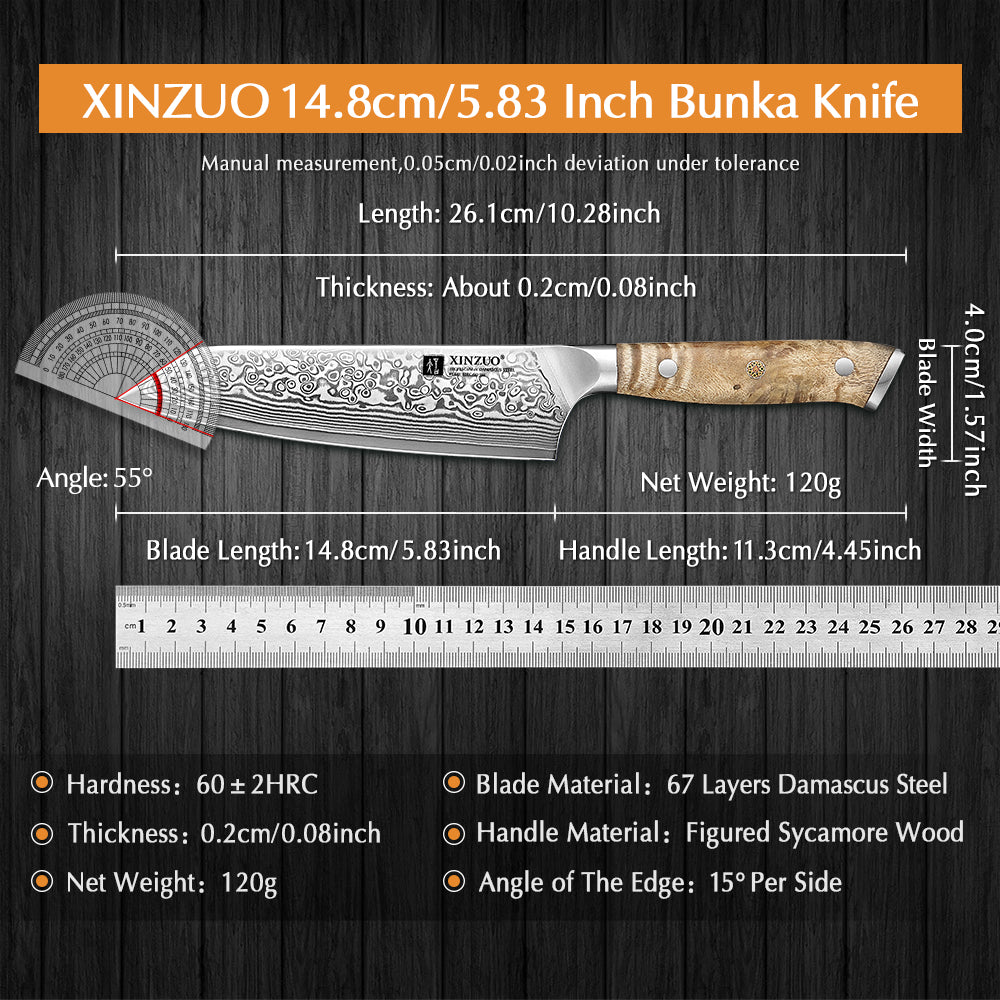 XINZUO 5.8 Inch Bunka Knife 10Cr15CoMoV Core 67 Layers Damascus Steel Ergonomic Wood Handle with Gift Box - Ideal for Home Kitchen & Restaurant