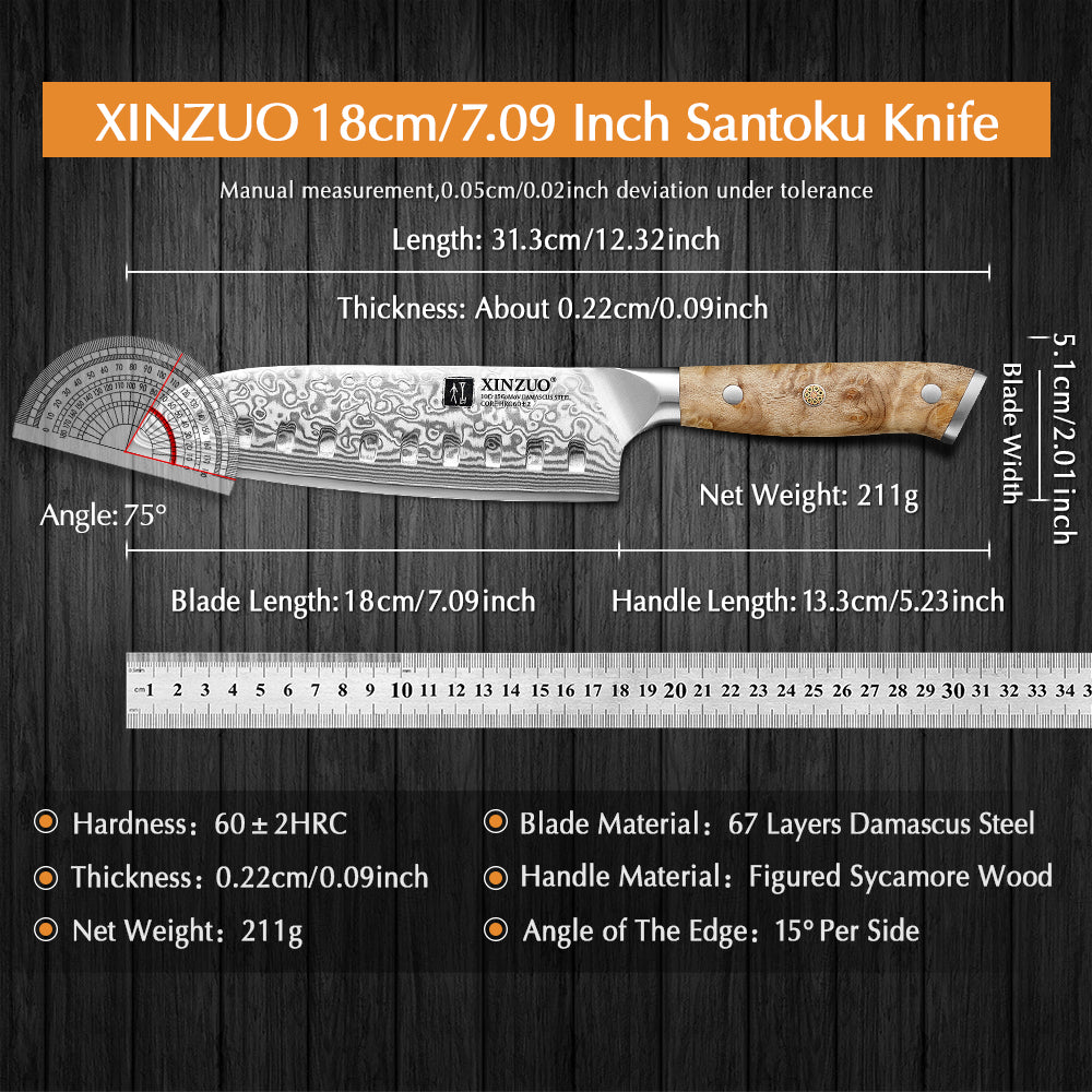 XINZUO 7.1 Inches Santoku Knife 67 Layer Damascus Steel 10Cr15CoMoV Core 60±2 HRC Handmade Kitchen Knife