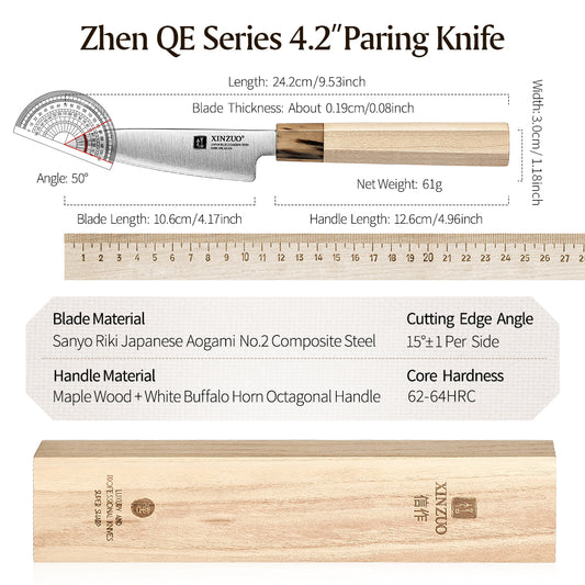 XINZUO Paring Knife Aogami No.2 Composite Steel, 3-Layer Sanyo Riki Blade 62-64HRC, Japanese Kitchen Knife