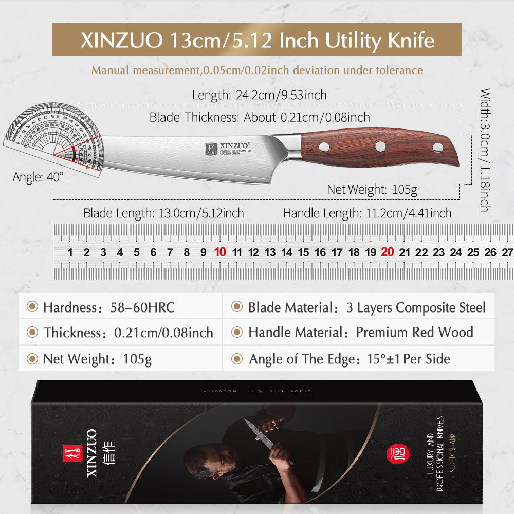 XINZUO Professional Utility Knife 3 Layers Composite Steel 58-60HRC Sharp Blade Premium Red Wood Ergonomic Handle