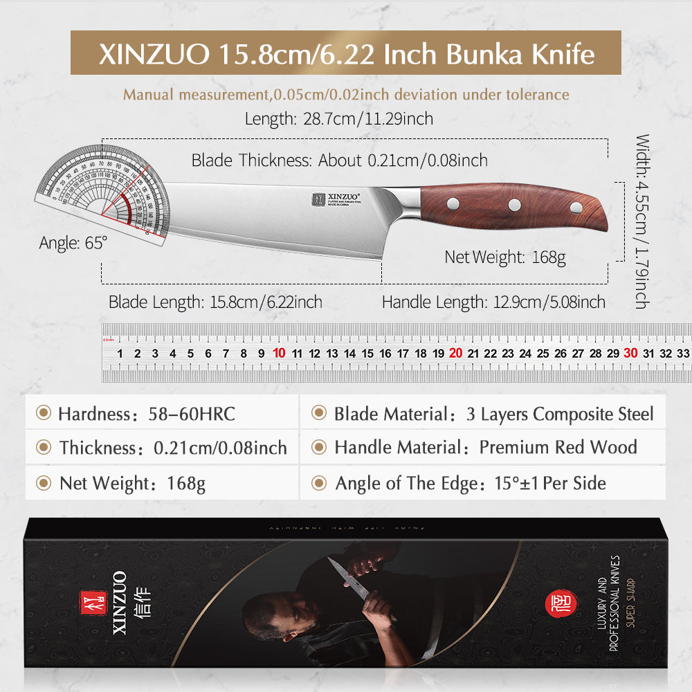 XINZUO 6.2”Sharp Kitchen Bunka Knife 3-Layer Composite Steel Comfort Red Wood Handle, Multipurpose Cooking Knife