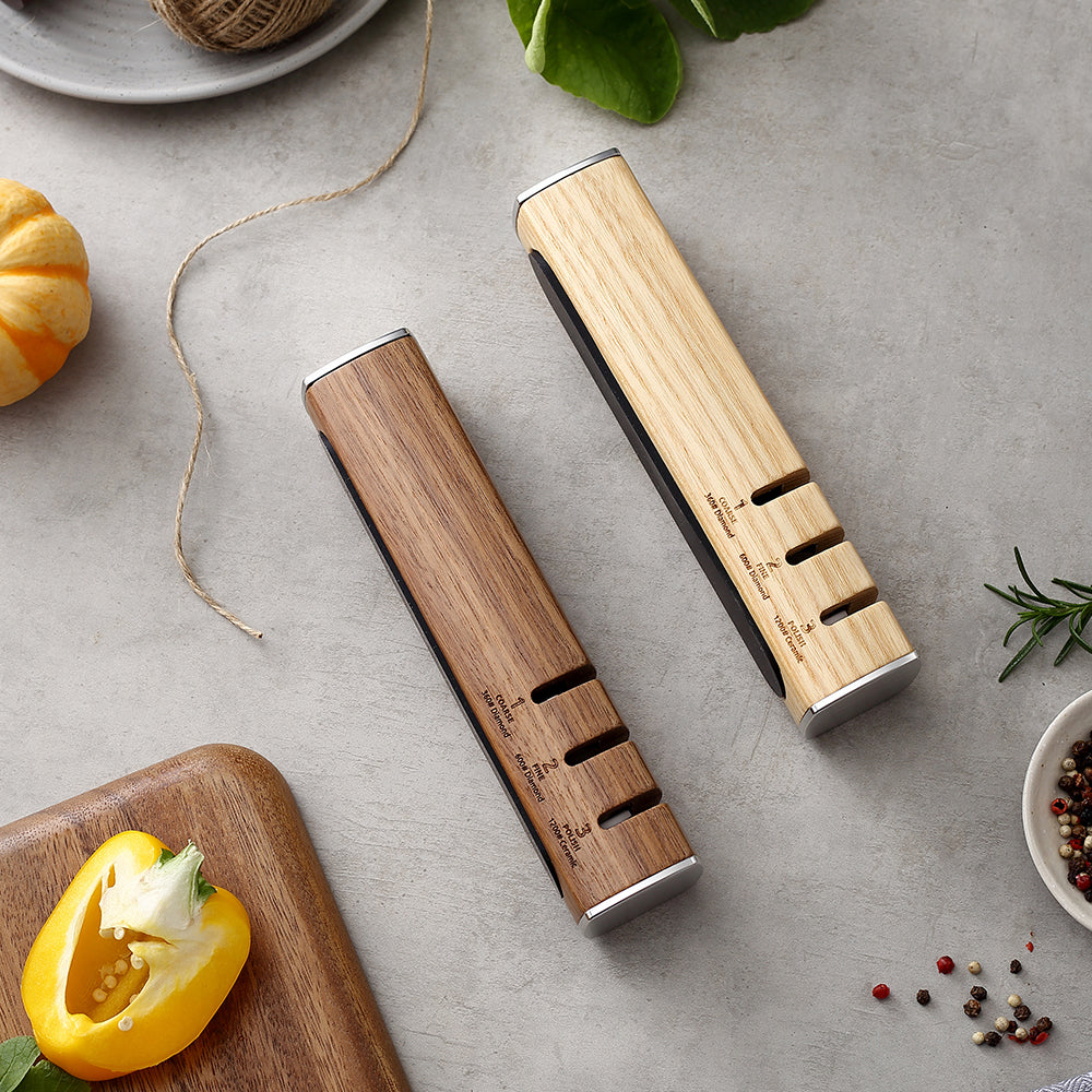 XINZUO 1PC 3-in-1 Knife Sharpener Diamond & Ceramic System Ash Wood & Walnut Wood Option，Scientific and Efficient Sharpening