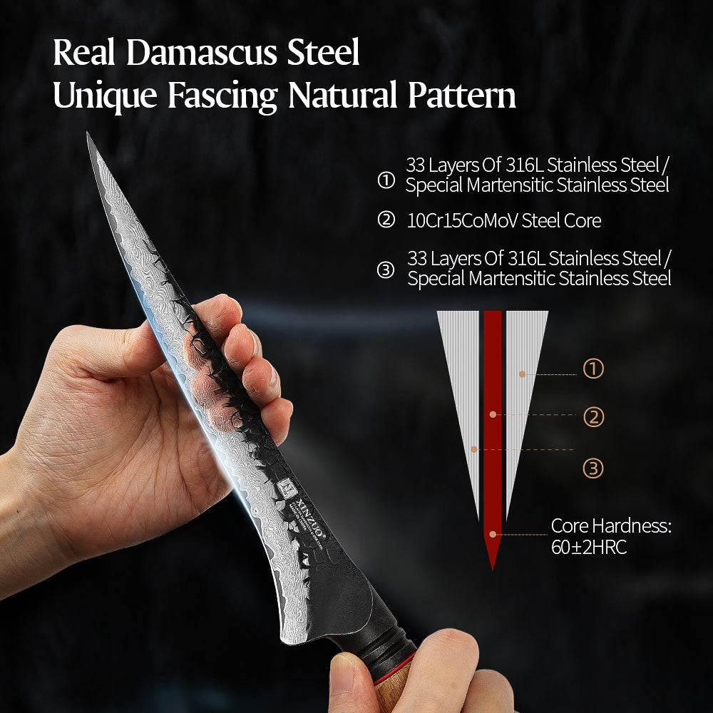 XINZUO 7.5 Inch Flexible Fillet Knife 67 Layers Damascus Steel with Burnt Oak Handle – Precision Fish & Boneless Meat Preparation Tool